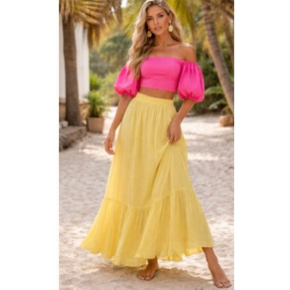 Soft Surroundings Sunny Yellow Boho Gauze Flowy Tiered Resortwear Maxi Skirt XL